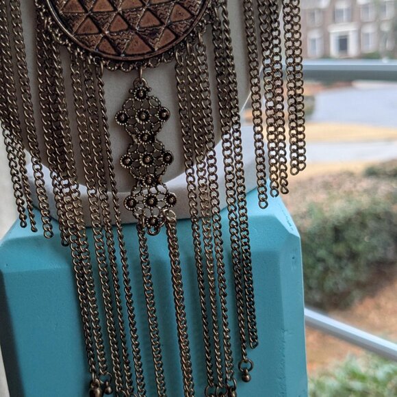 Antique Boho Statement Necklace - Vintage Filigree Pendant with Layered Chains - Picture 2 of 7